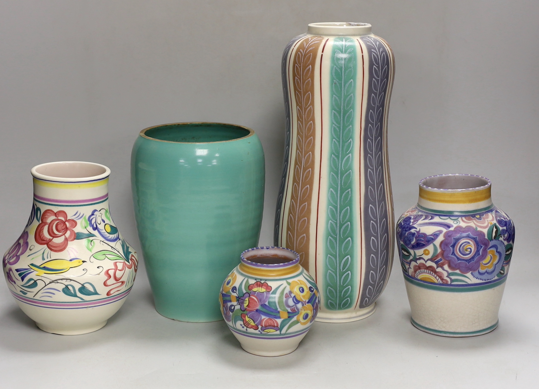 Five various Poole pottery vases, largest 32cm